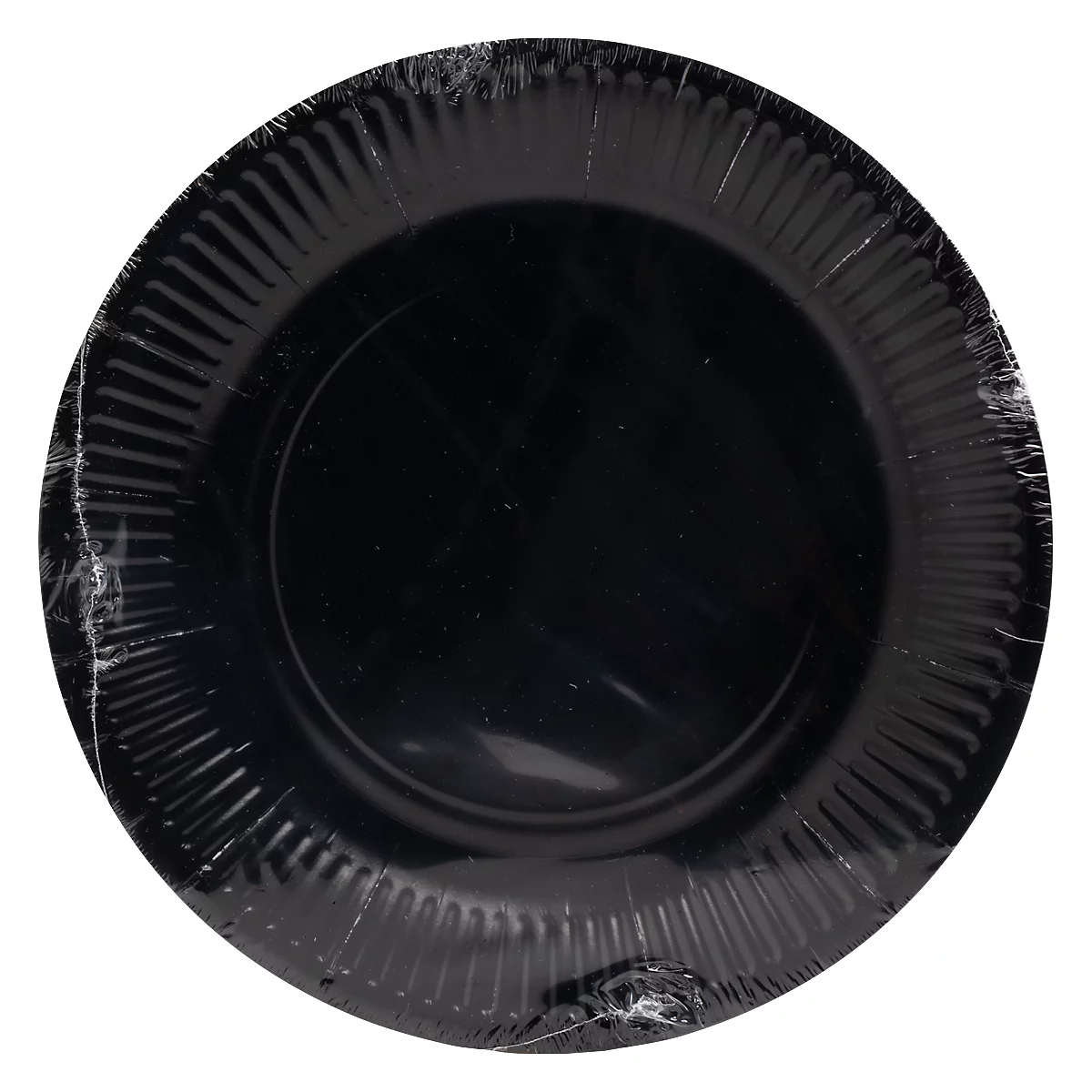 Assiette noire emballée dans du papier d'aluminium. L'assiette a un bord cannelé.