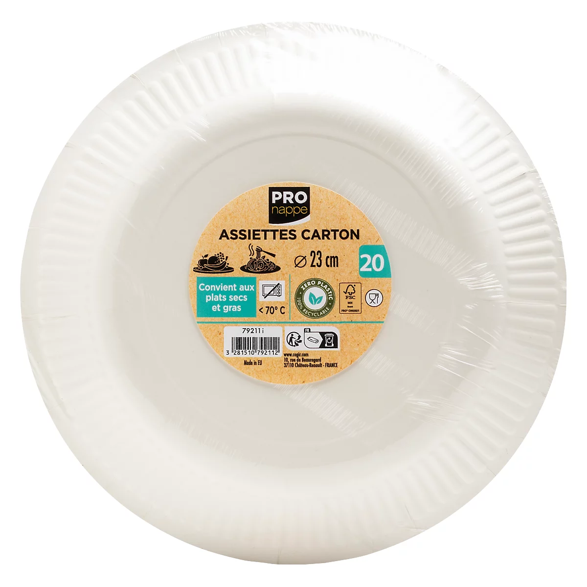 Assiettes en papier blanches, emballées dans du film plastique. L'étiquette indique ASSIETTES CARTON Ø 23 cm 20.
