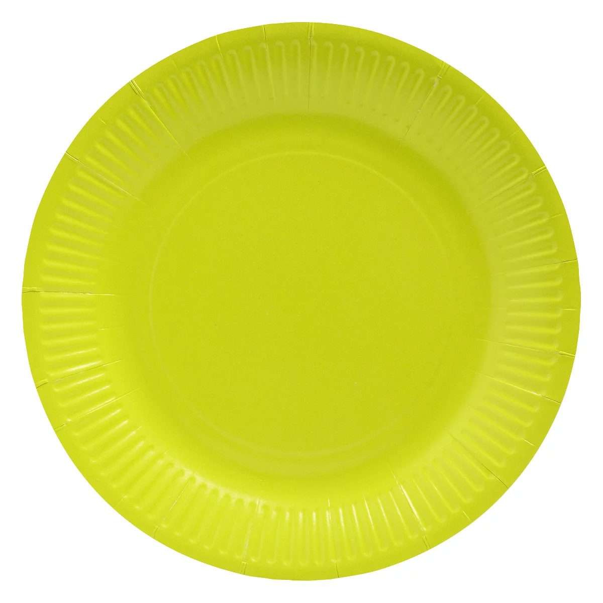 Assiette en papier vert vif avec un bord nervuré. Idéale pour les fêtes ou les pique-niques.