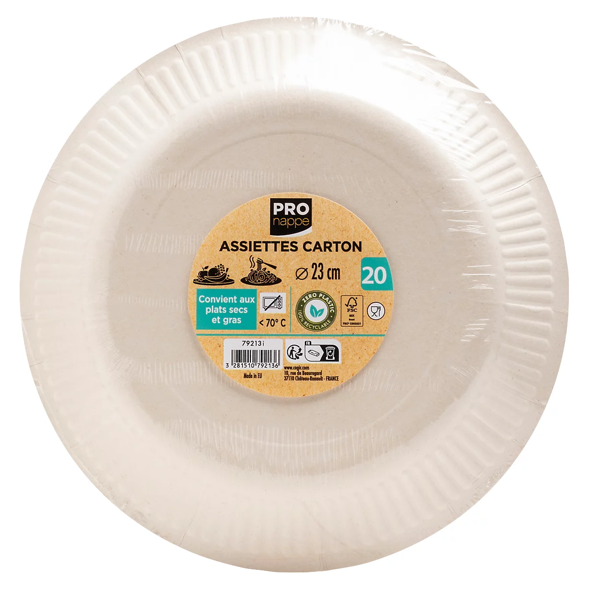 Une pile d'assiettes en carton, emballées dans du plastique. Des informations imprimées indiquent le diamètre, le matériau et les labels environnementaux.