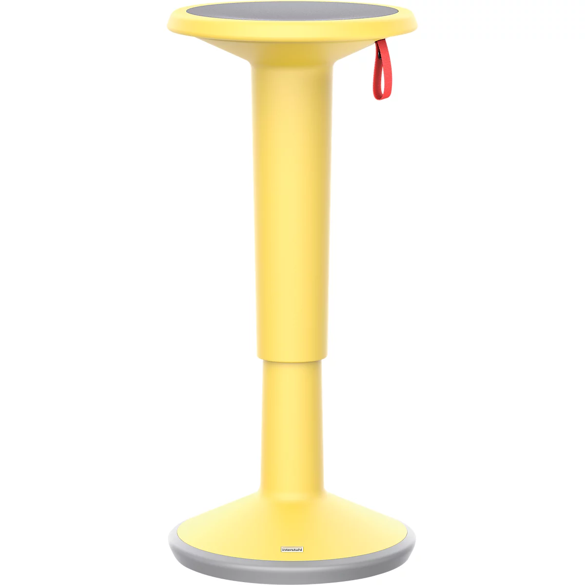 Tabouret debout jaune avec assise et anneau de pied gris, boucle rouge. La hauteur est réglable.