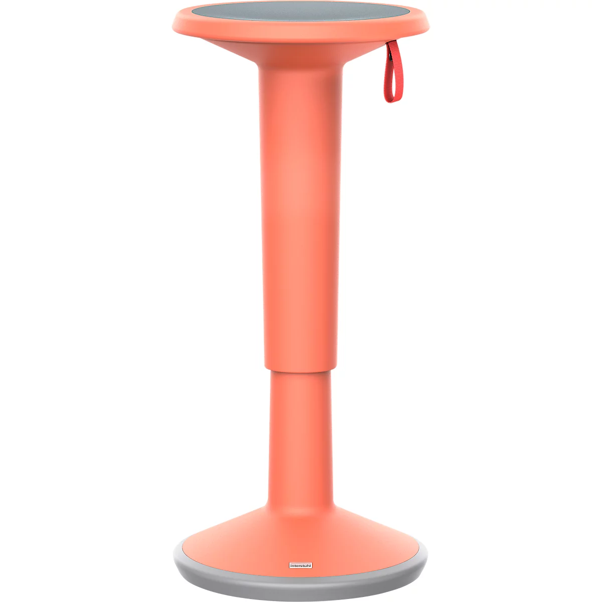 Tabouret debout corail, assise gris foncé, poignée rouge.