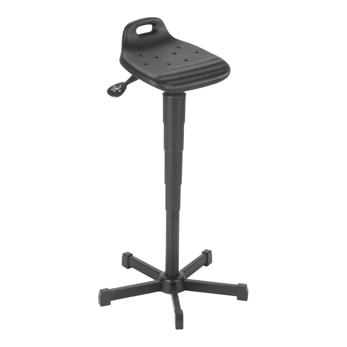 Black standing stool, ergonomic seat with hole pattern, adjustable height, five-legged base.