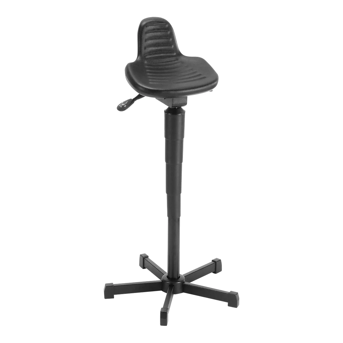 Black, height-adjustable swivel stool with star-shaped base, backrest and seat.