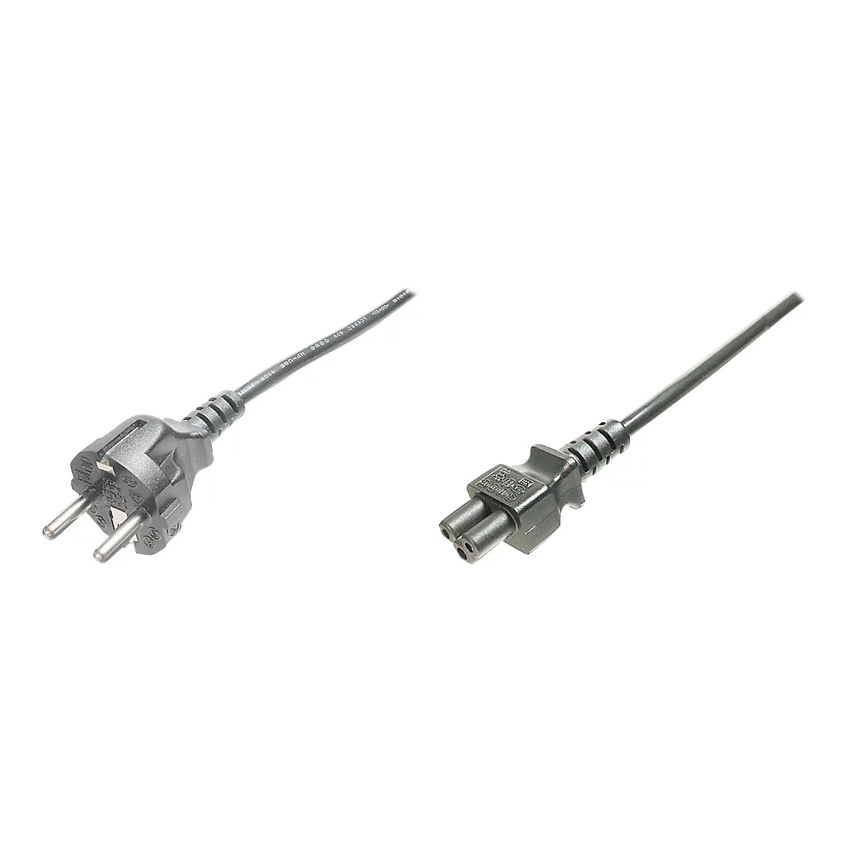 Zwei schwarze Netzkabel mit Stecker und Buchse, vor weiÃŸem Hintergrund.