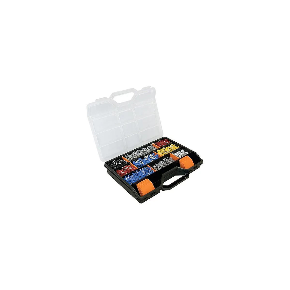 Boîte à outils noire ouverte avec des connecteurs de différentes couleurs. Le couvercle est transparent.