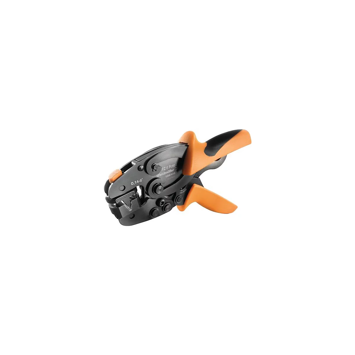 Pince à sertir noire et orange. Inscriptions imprimées : "PZ 6 Roto", "Weidmüller", "0,14-6".