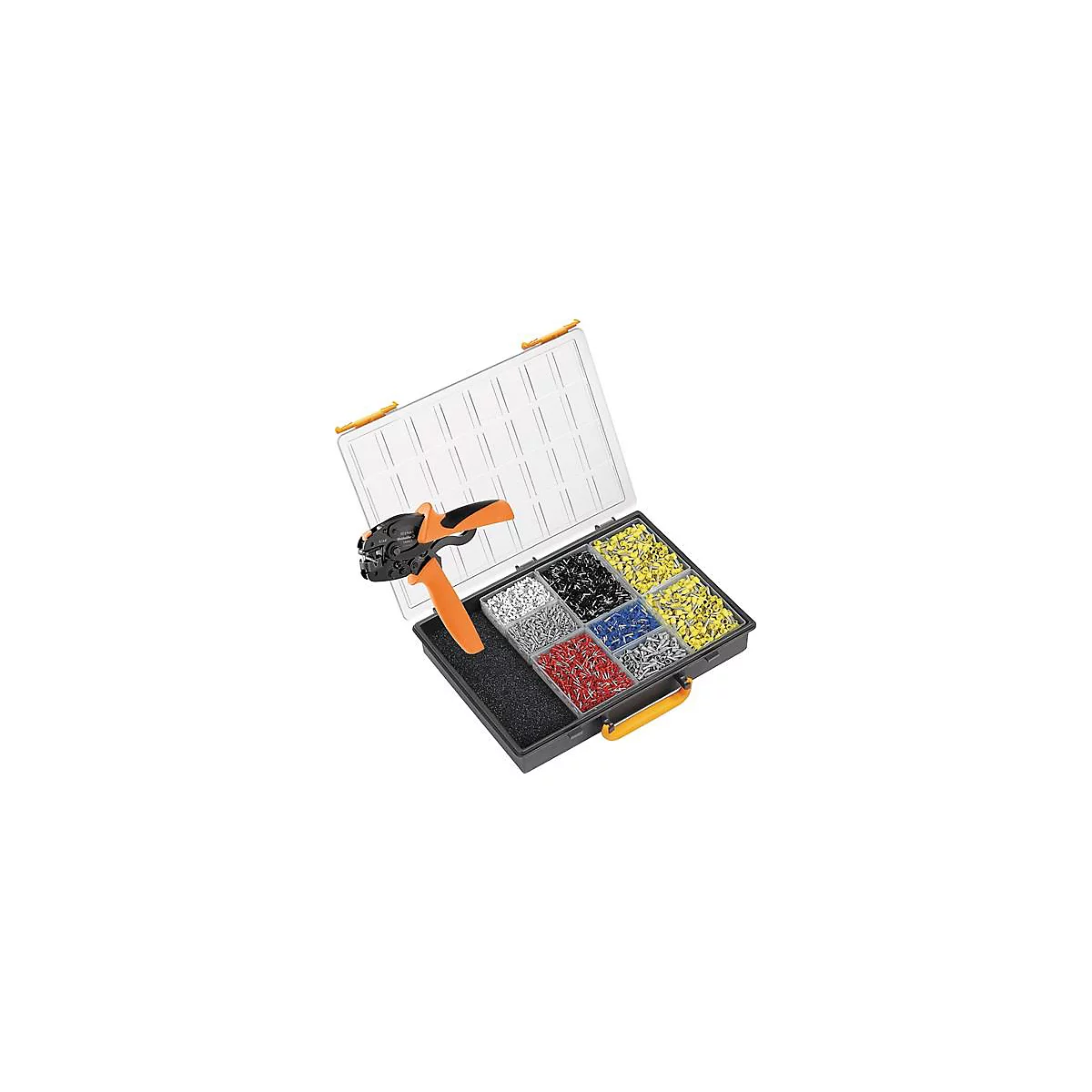 Boîte à outils avec pince à sertir et diverses cosses de câble de différentes couleurs.