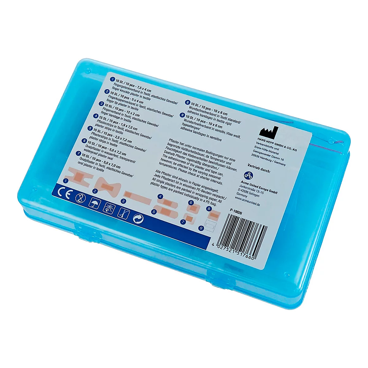 Boîte en plastique bleue contenant des pansements de différentes tailles. Texte sur l'étiquette.