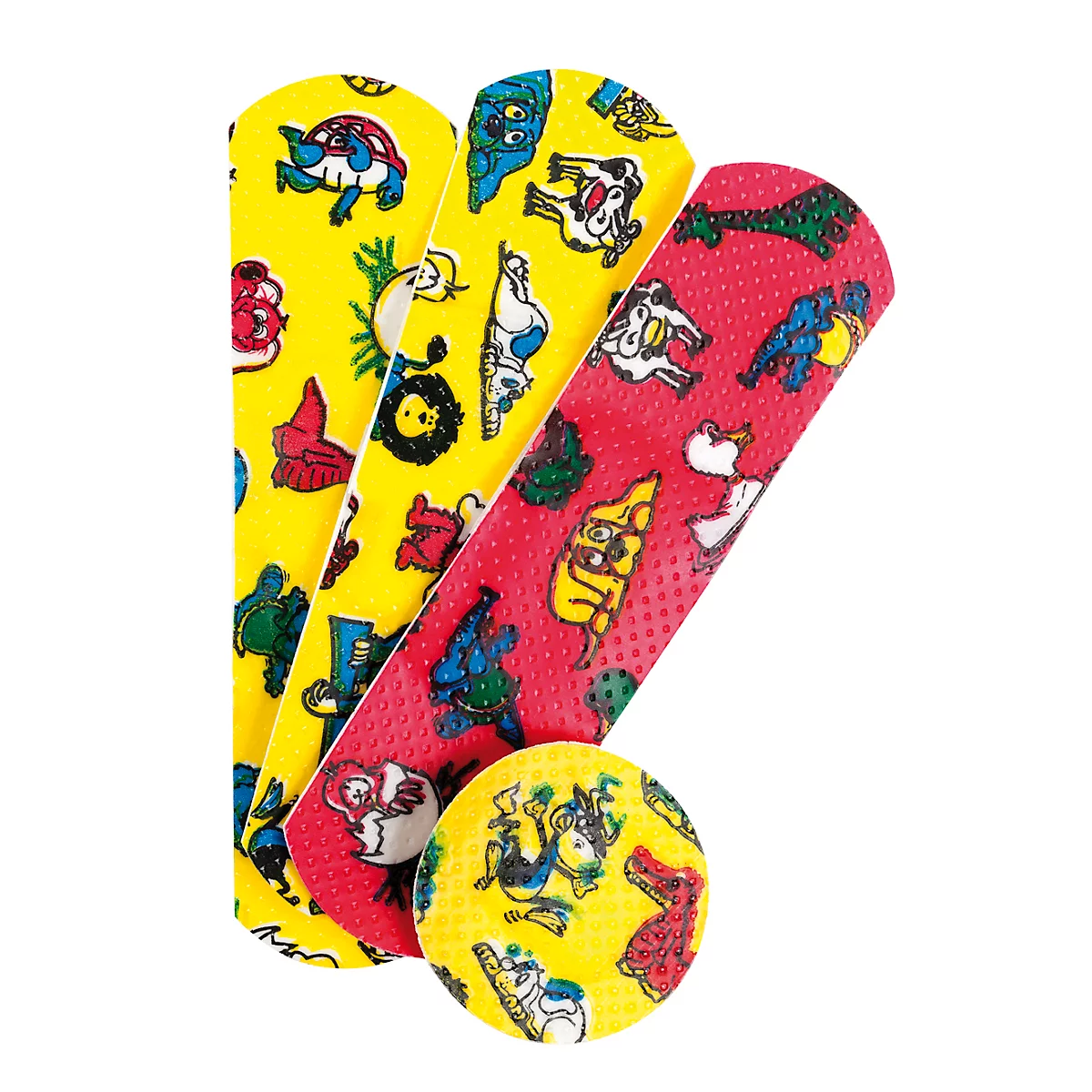 Trois pansements avec des motifs d'animaux sur fond jaune et rouge. De plus, un pansement rond avec des motifs similaires.