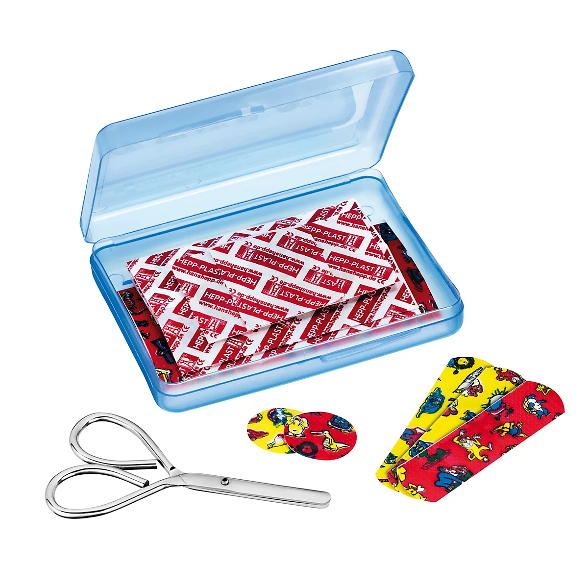 Boîte à pansements bleue avec pansements, ciseaux et pansements colorés pour enfants.