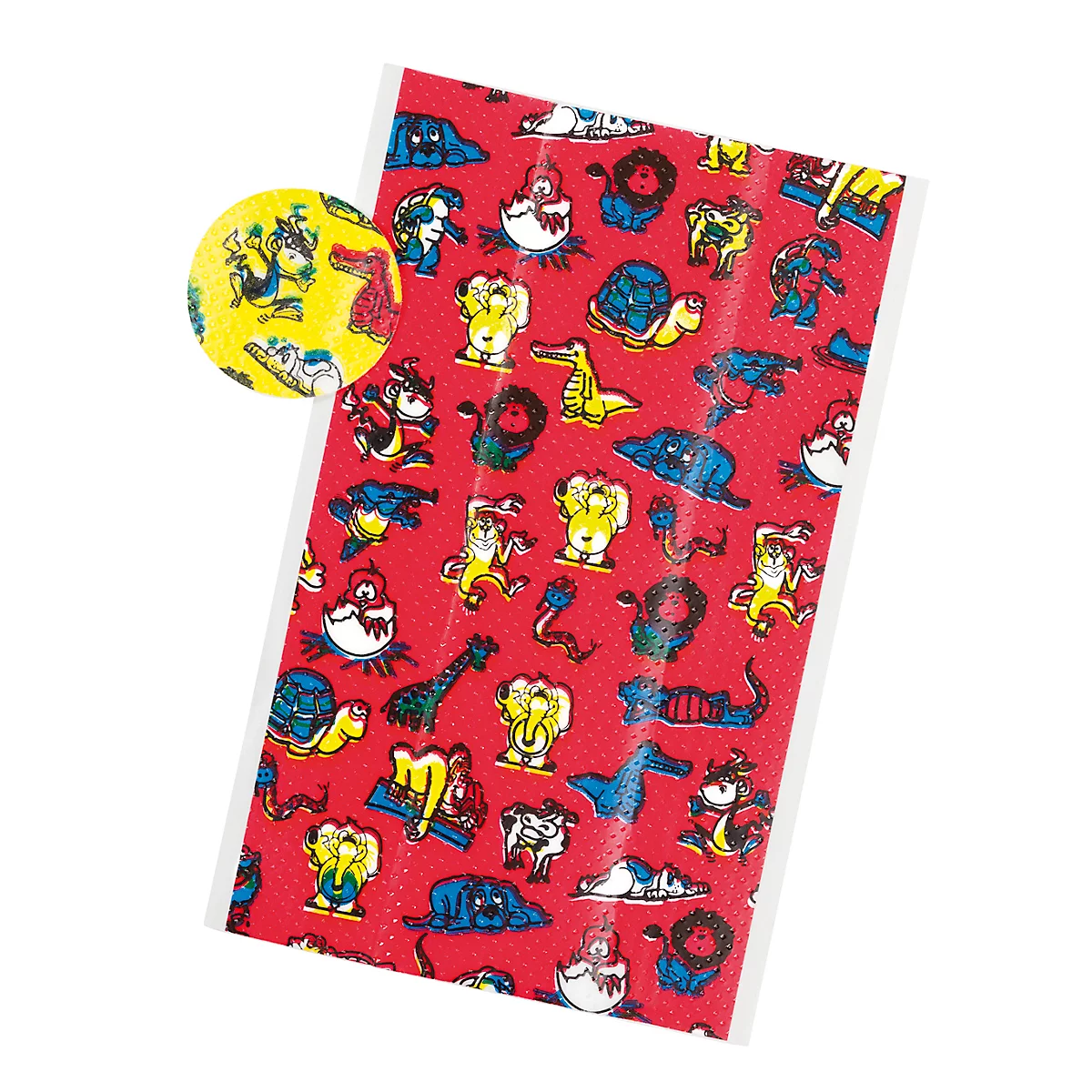 Pansement avec des personnages d'animaux sur fond rouge. Vue détaillée avec une section agrandie.