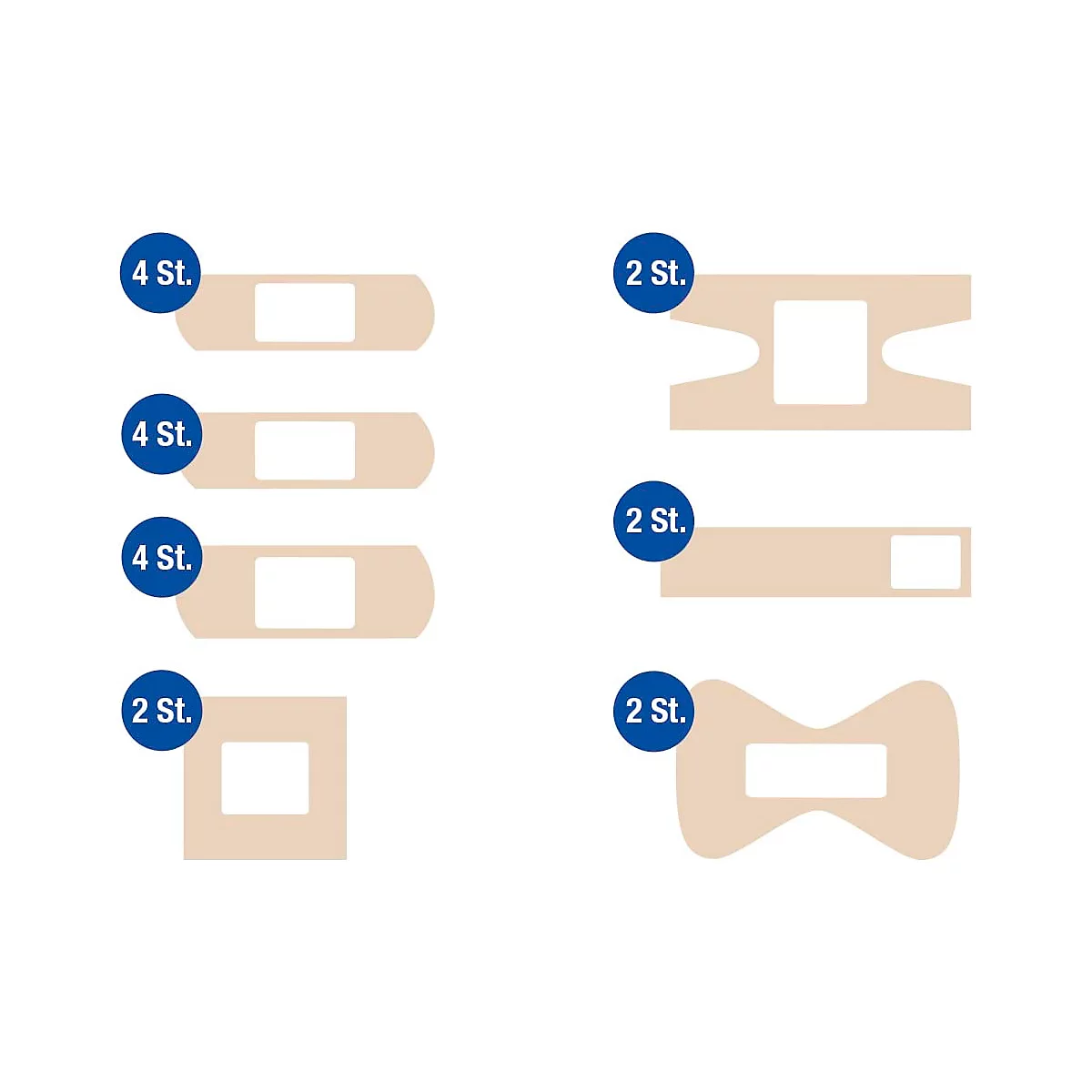 Différentes formes et quantités de pansements, marqués avec "4 pcs." et "2 pcs.".