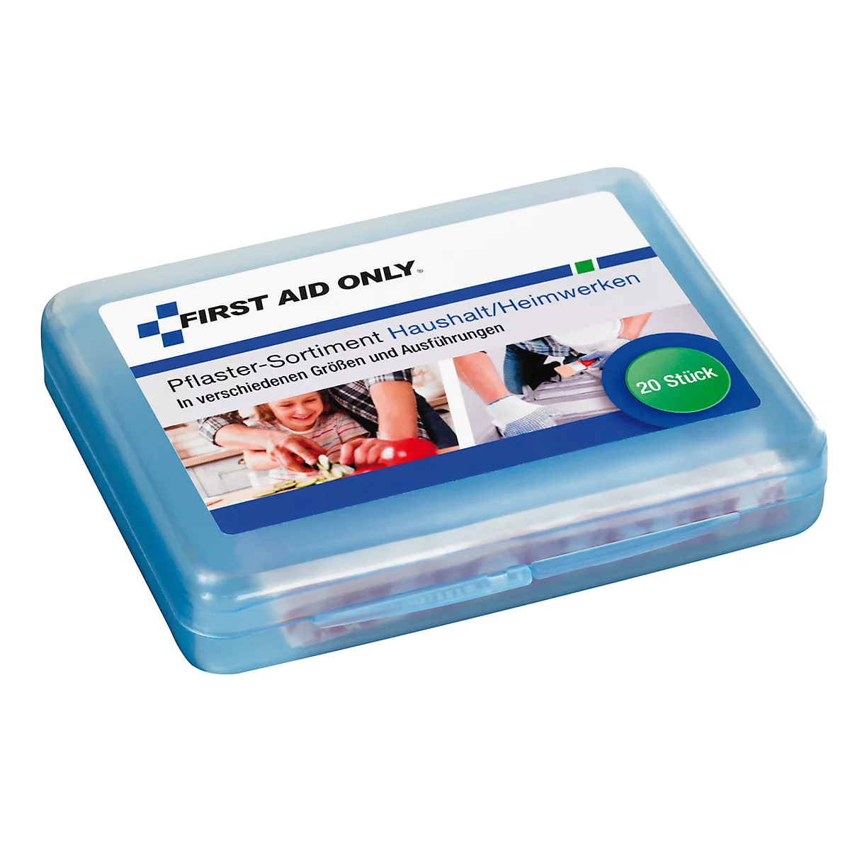 Boîte de premiers secours bleu transparent avec des pansements et l'inscription : FIRST AID ONLY. Assortiment de pansements ménagers/bricolage.