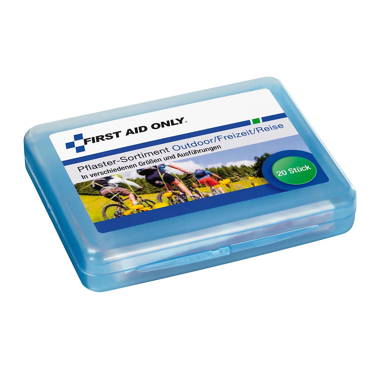 Boîte de premiers secours bleue avec l'inscription "FIRST AID ONLY" et une illustration de cyclistes. Contient des pansements.