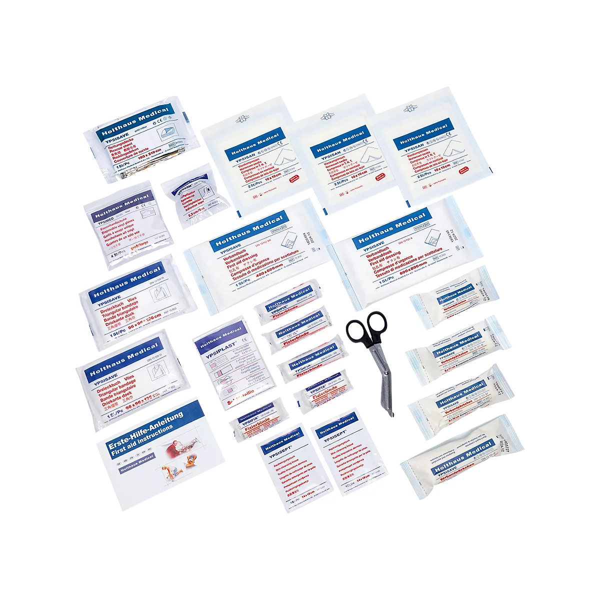 Produits médicaux emballés avec ciseaux et instructions. Impressions avec "Holthaus Medical".