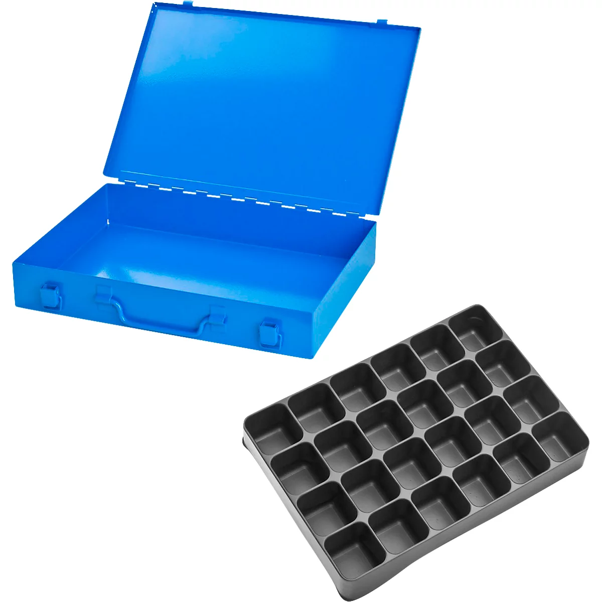 Assortimentkoffer ADB, leeg, 24 vakken, afsluitbaar, met handvat, B 330 x D 230 x H 50 mm, staal &amp; ABS kunststof, lichtblauw RAL 5012