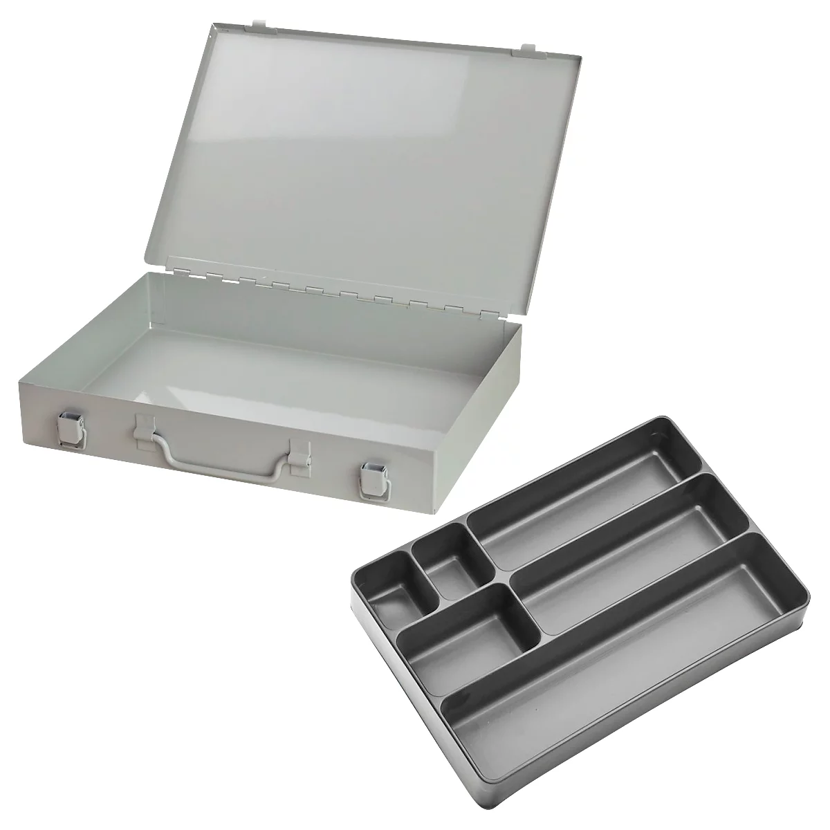 Assortimentkoffer ADB, leeg, 6 vakken, afsluitbaar, met handvat, B 330 x D 230 x H 50 mm, staal &amp; ABS kunststof, lichtgrijs RAL 7035