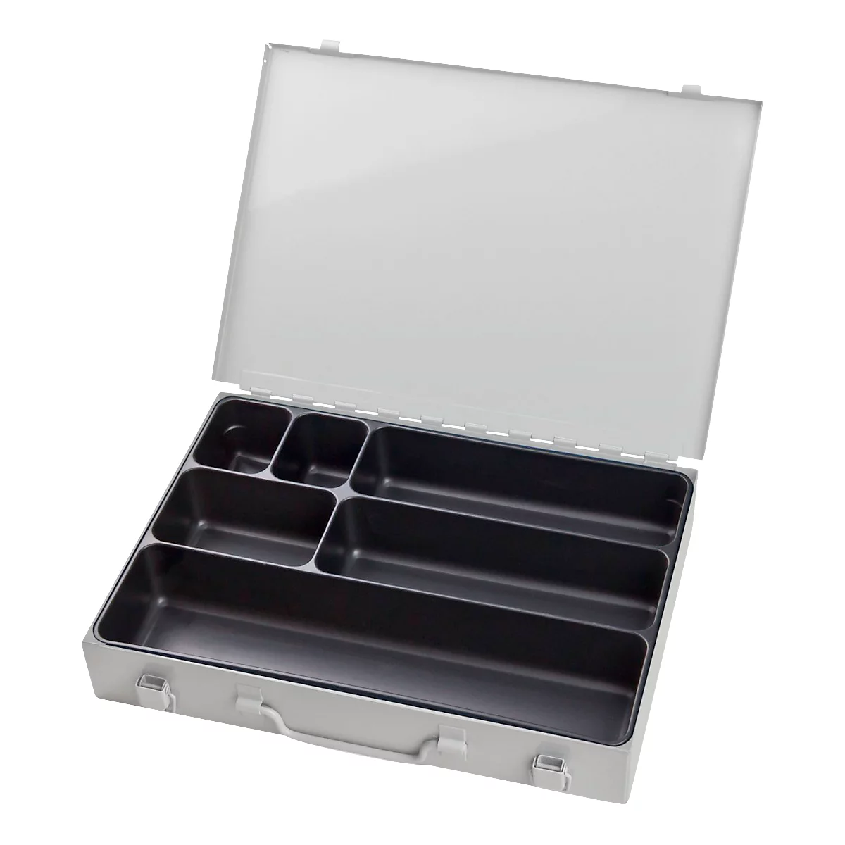 Assortimentkoffer ADB, leeg, 6 vakken, afsluitbaar, met handvat, B 330 x D 230 x H 50 mm, staal &amp; ABS kunststof, lichtgrijs RAL 7035