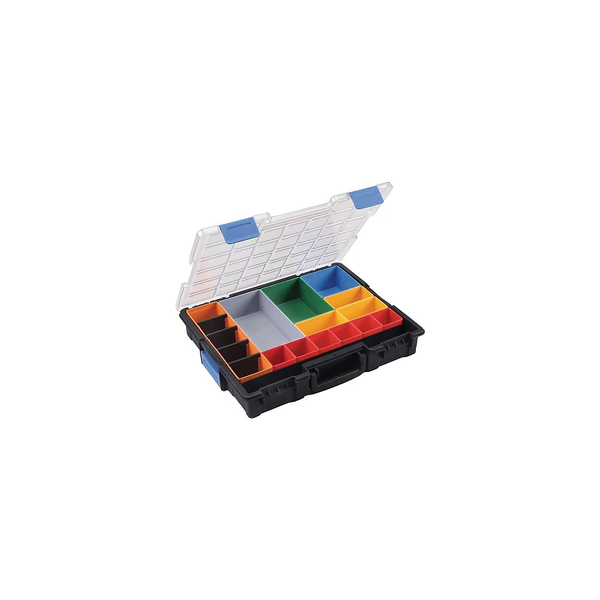 Open zwarte gereedschapskist met gekleurde inzetstukken. Transparant deksel, blauw scharnier. Gedetailleerd overzicht van de compartimenten.