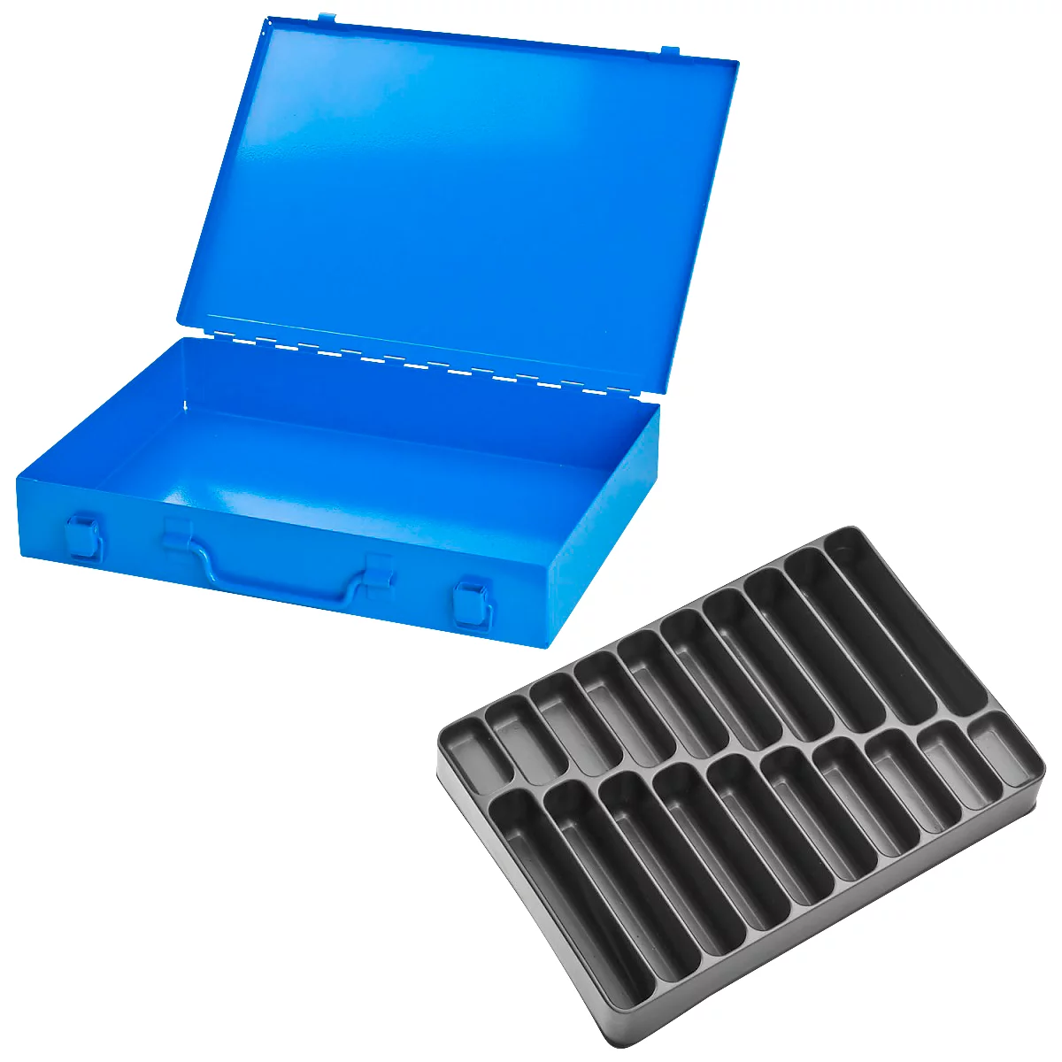 Open blue toolbox with interior dividers. Gray sorting box beside it.
