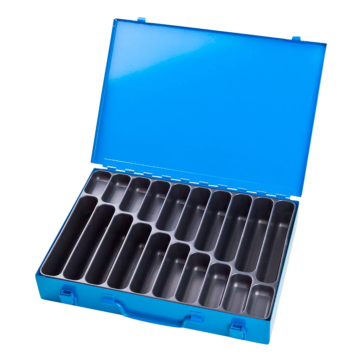 Open blue toolbox with grey compartments for tools.