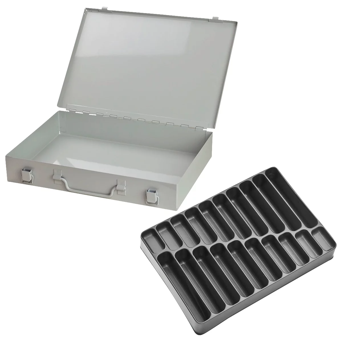 Opened gray toolbox with handle and removable tray with compartments.