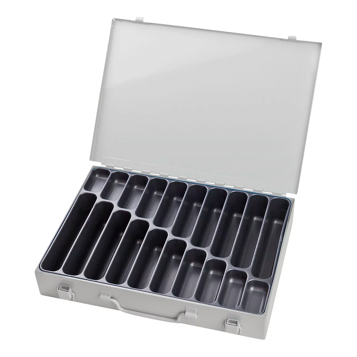 Grey toolbox with open lid and multiple compartments.