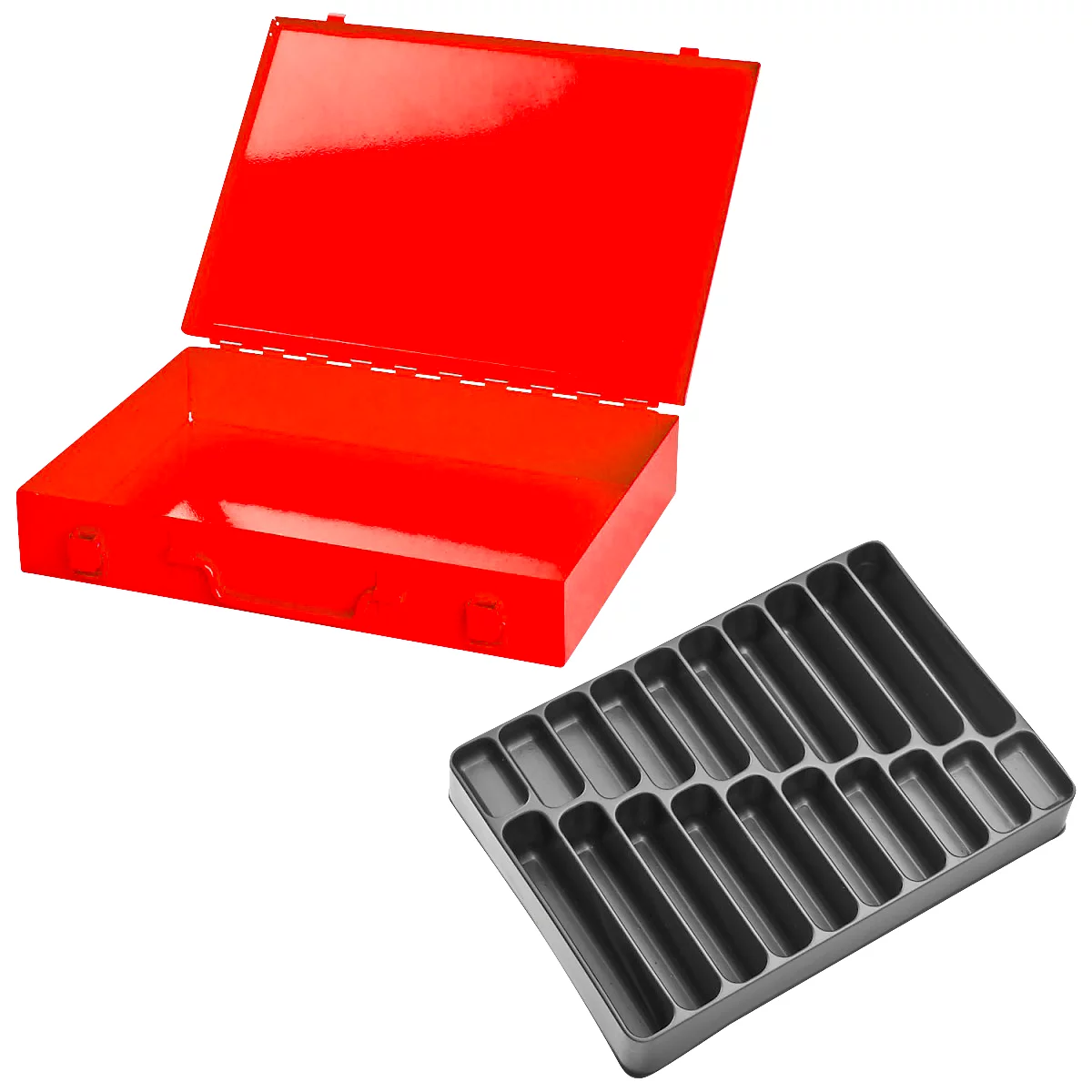 Open red toolbox with black insert.