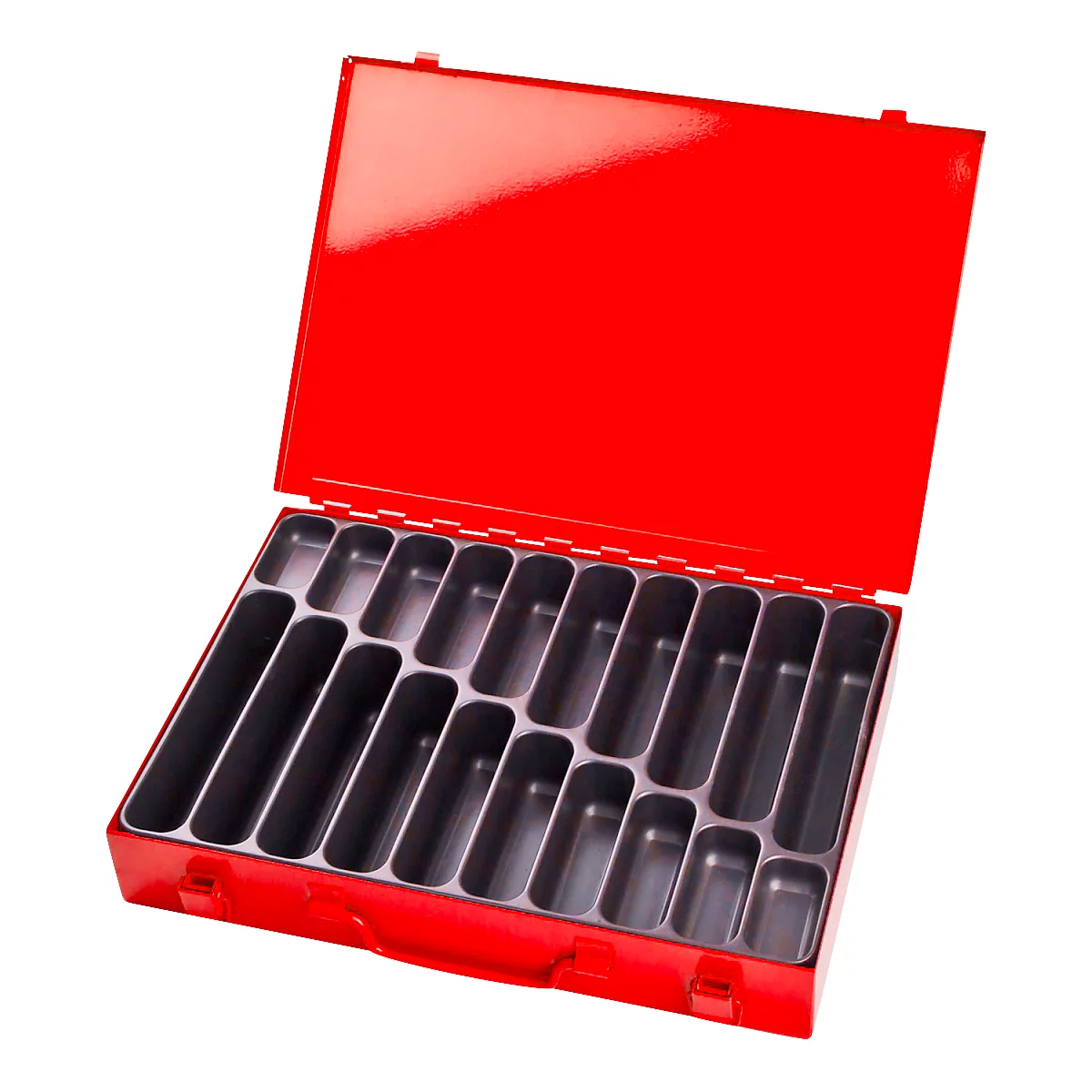 Open red toolbox with 21 compartments. Black compartments with red box, carrying handle, and lid. Empty.