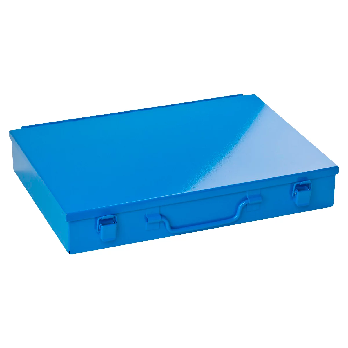 Blue rectangular box with handle and two closures.