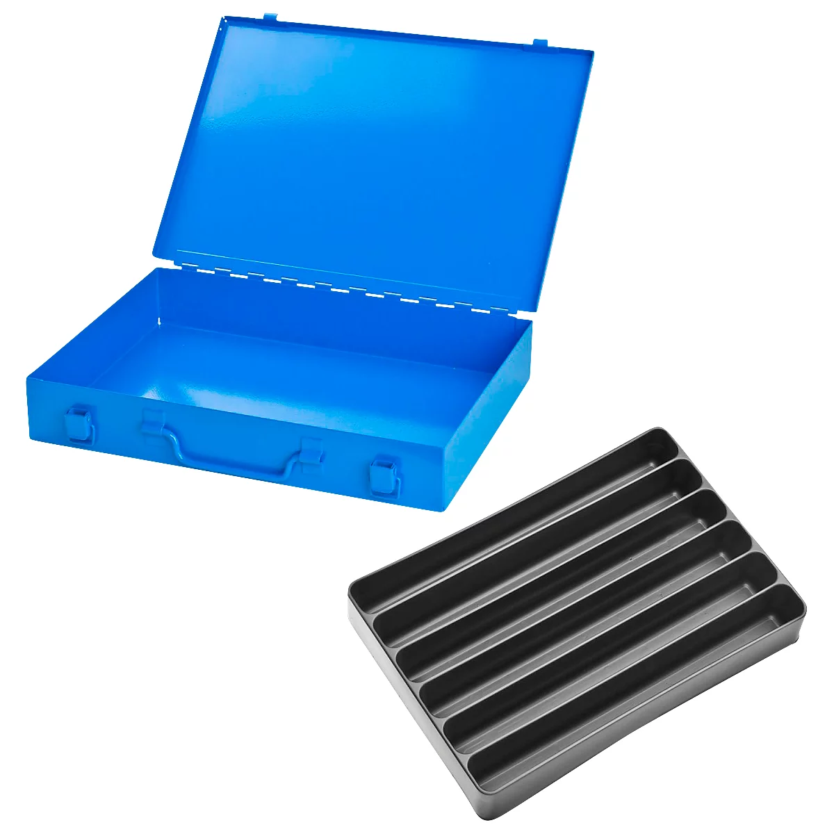 Blue metal box with open lid and separate black insert tray.