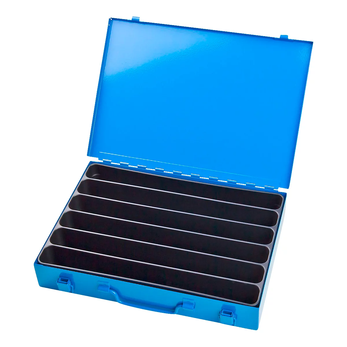 Open, blue toolbox with black compartments. A handle and lid are visible.