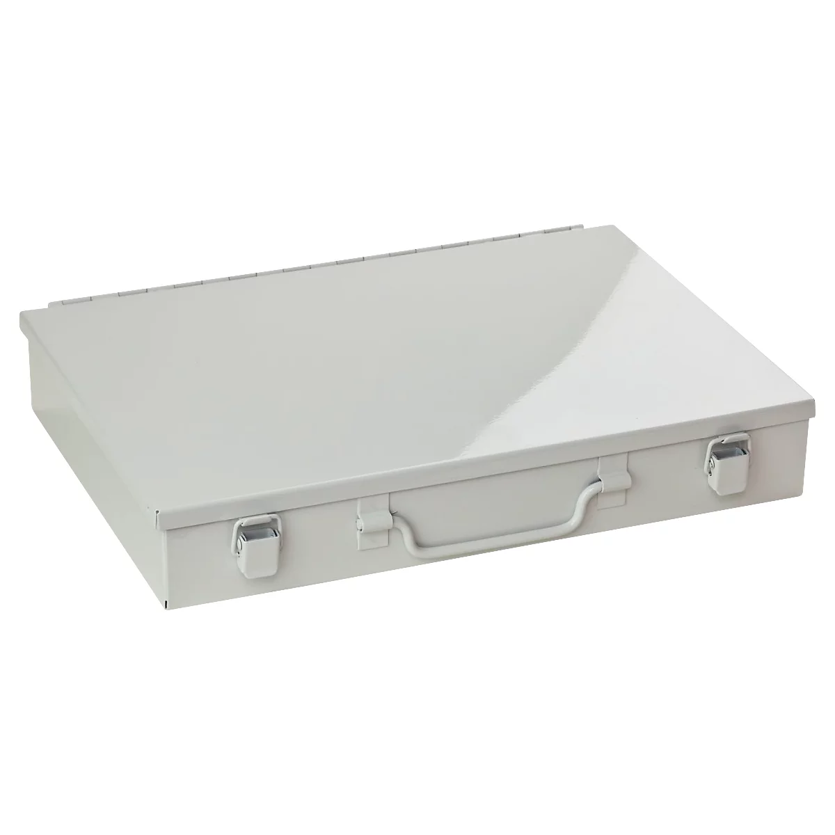 Light gray metal box with handle and two latches.