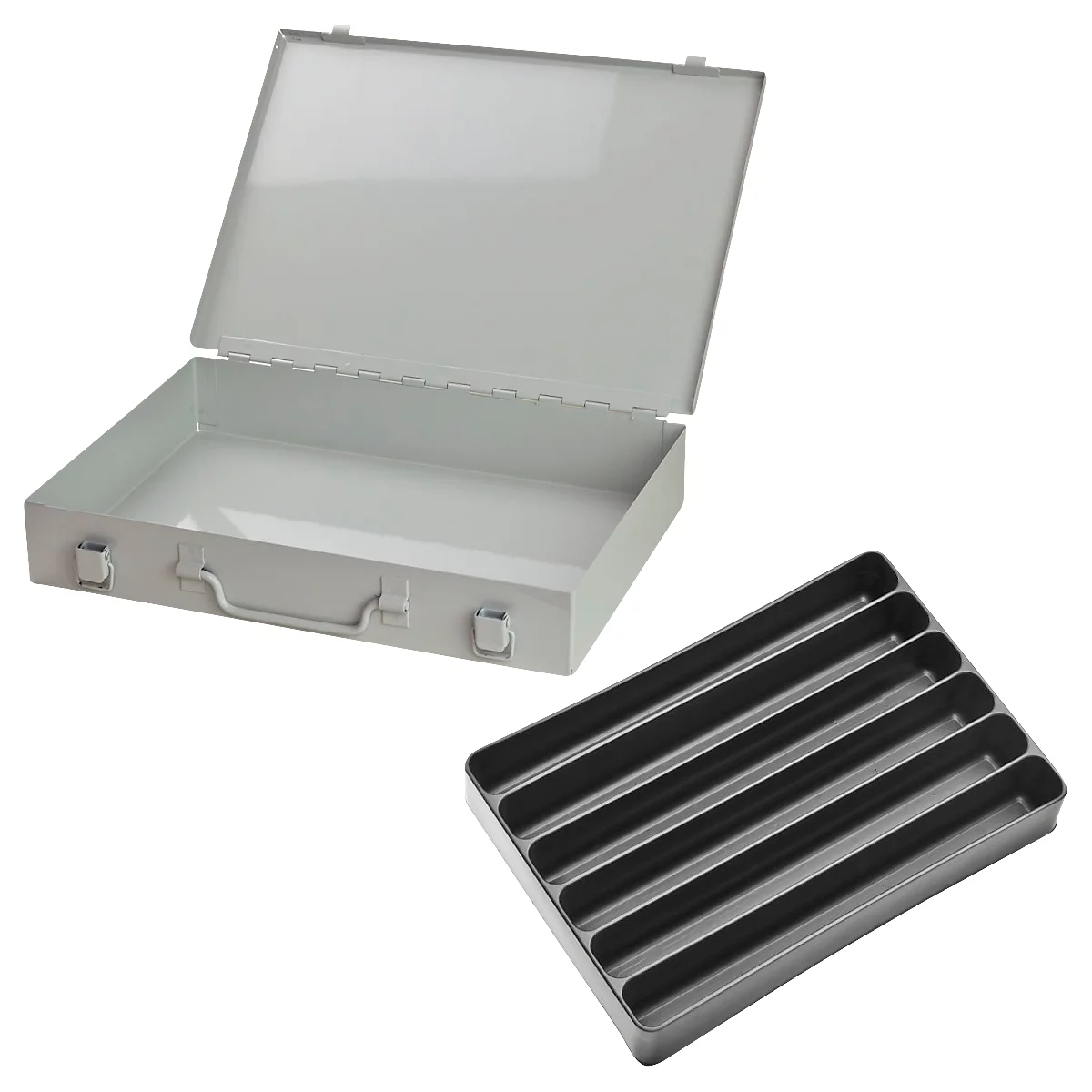 Open grey toolbox with a black insert next to it.