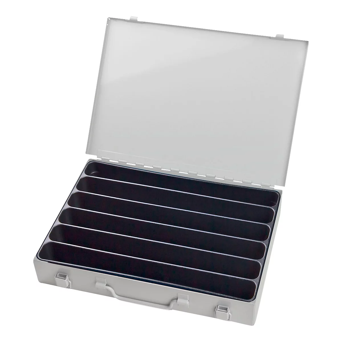 Open empty aluminum case with handle and several black compartments. The lid is flipped up.
