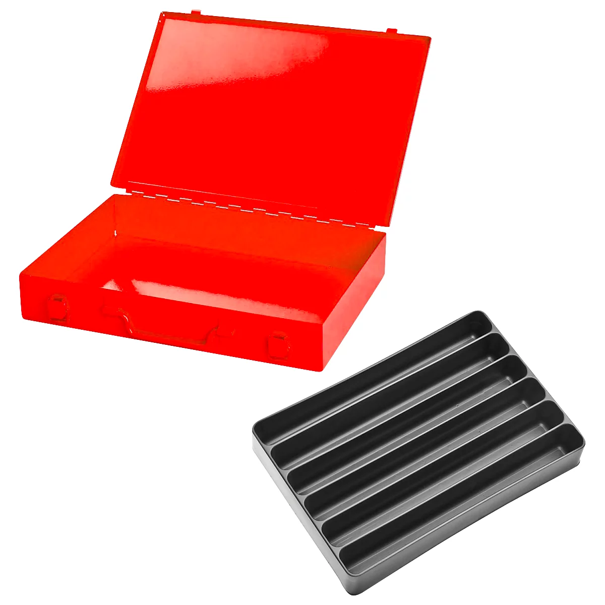 Open red metal box with black insert. The lid is open, next to it is the black interior divider.