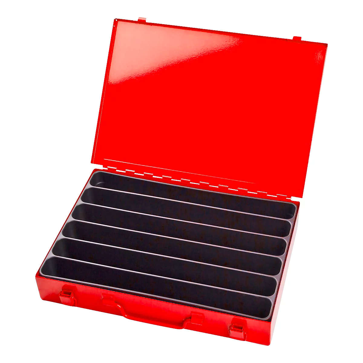 Open red toolbox with black compartments. The lid is flipped up and attached with hinges.