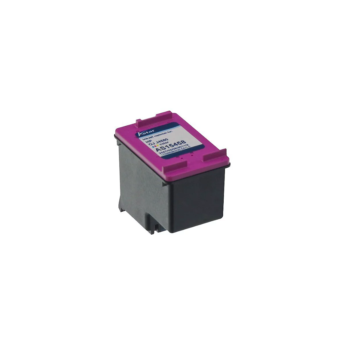 Eine Tintenpatrone, schwarz mit einem pinkfarbenen Deckel und Aufkleber.