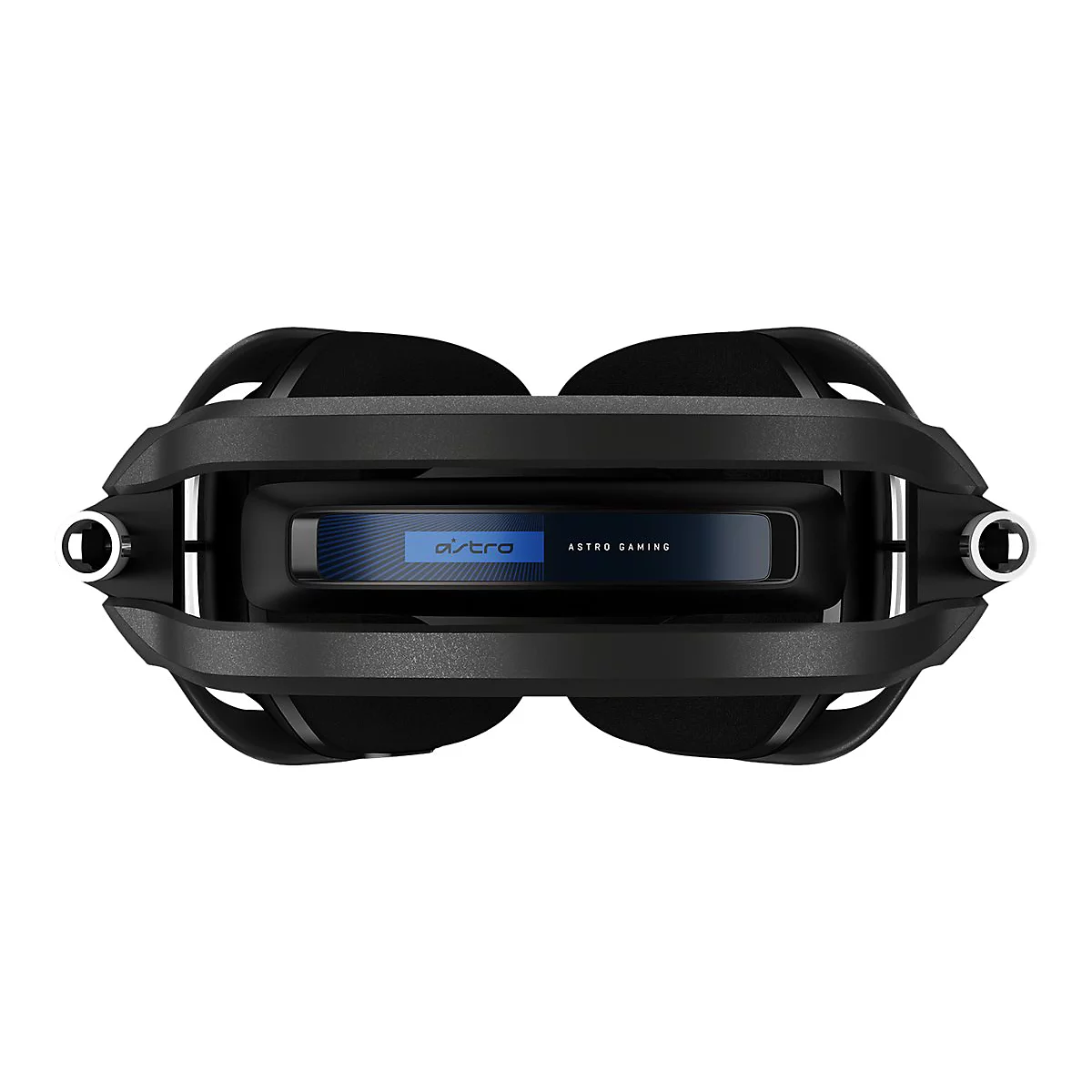 Draufsicht eines schwarzen Astro Gaming Headsets. Auf dem Bügel steht Astro Gaming.