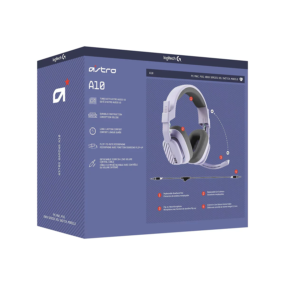 Ein weißes Astro A10 Gaming Headset auf einer Produktverpackung. Das Headset liegt auf der Verpackung, die viele Produktinformationen enthält.