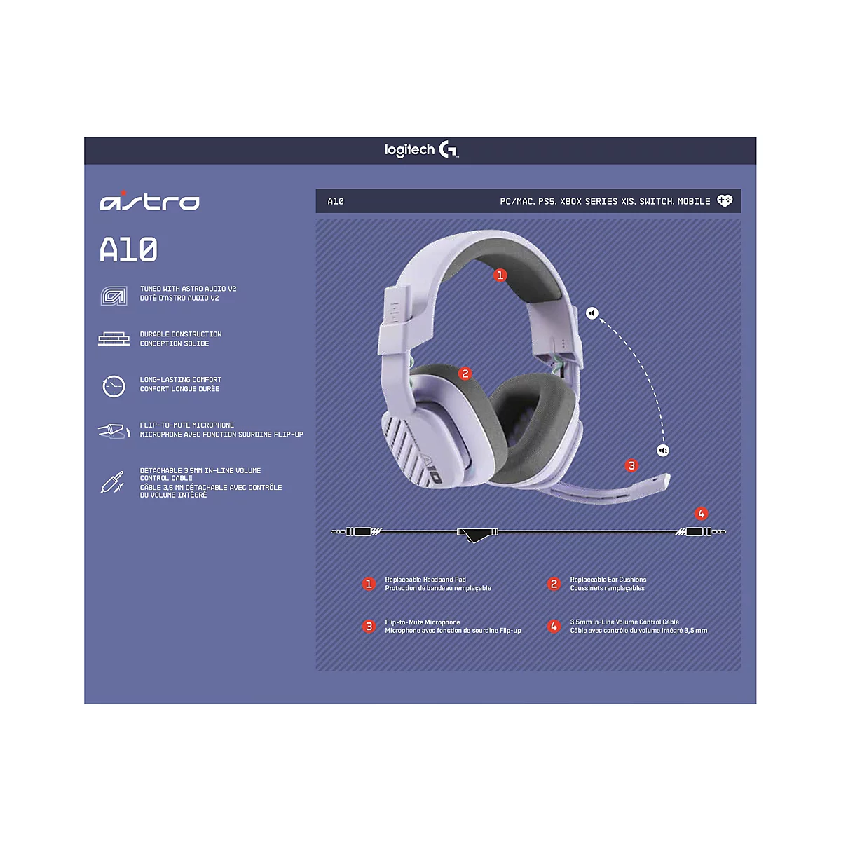 Ein weiß-lila Gaming-Headset der Marke Astro A10 mit erklärenden Diagrammen und Text. Zu sehen sind Merkmale wie austauschbare Ohrpolster und ein Mikrofon.