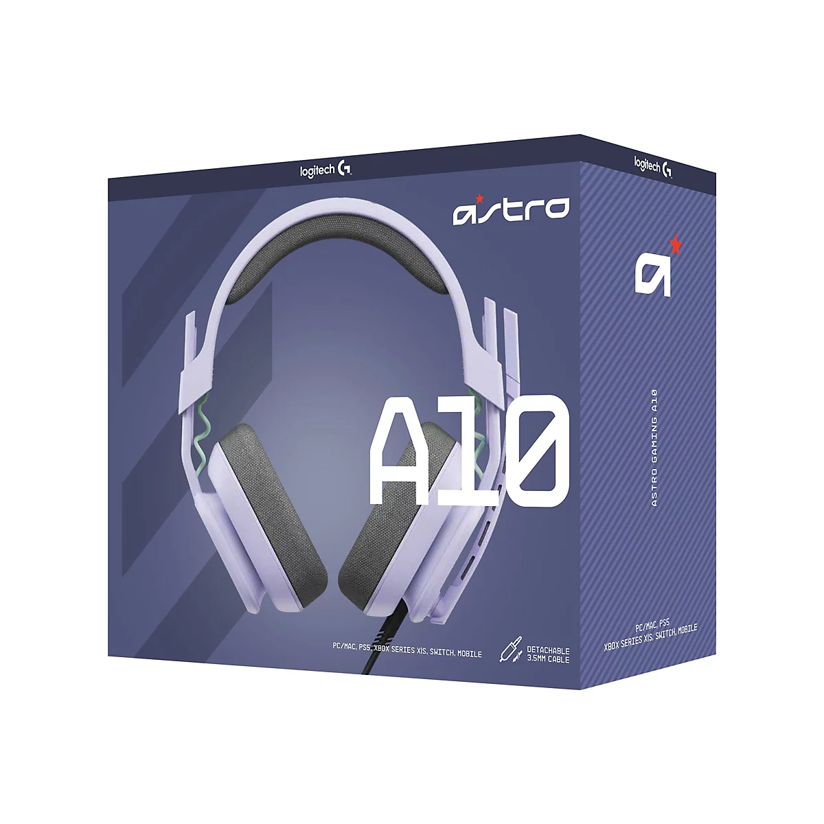 Hellviolettes Astro A10 Gaming-Headset auf einer Verpackung. Das Headset ist mit grauen Ohrpolstern versehen und mit weißer Schrift versehen.