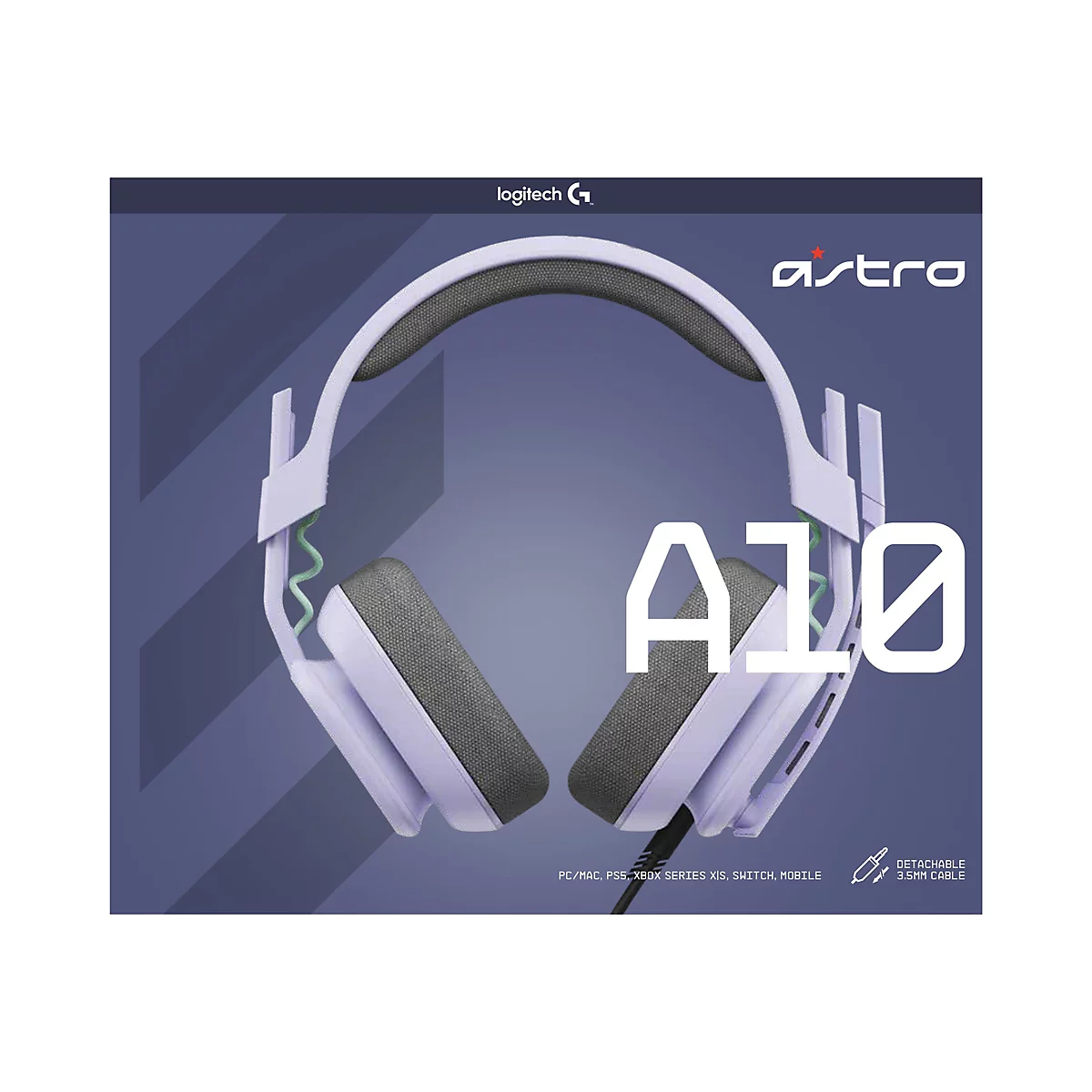 Hellviolettes Headset Astro A10. Grauer Bügel und Ohrmuschel. Logo und Schriftzug: A10. Abnehmbares 3,5-mm-Kabel.