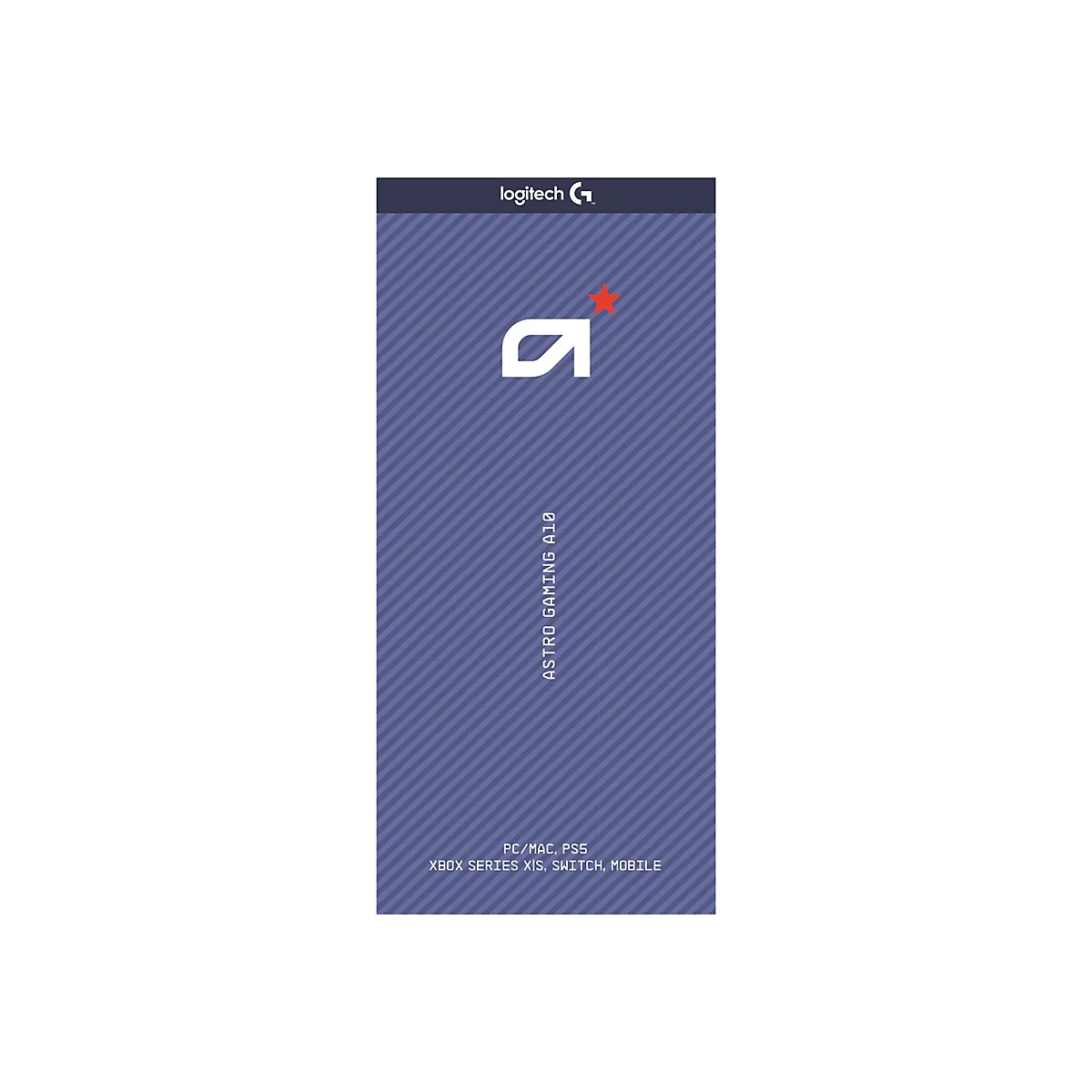 Logo mit weißem Symbol und Stern, darunter steht Astro Gaming A10, Logo Logitech, kompatibel PC/Mac, PS5, Xbox, Switch, Mobile.