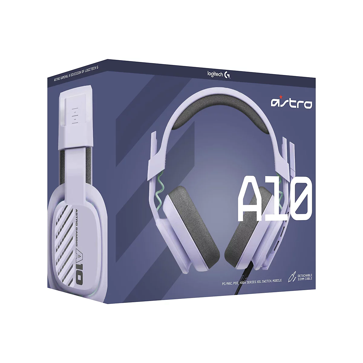 Eine lilafarbene Astro A10 Gaming-Kopfhörer-Verpackung. Auf der Verpackung sind der Kopfhörer und der Schriftzug "A10" prominent dargestellt.