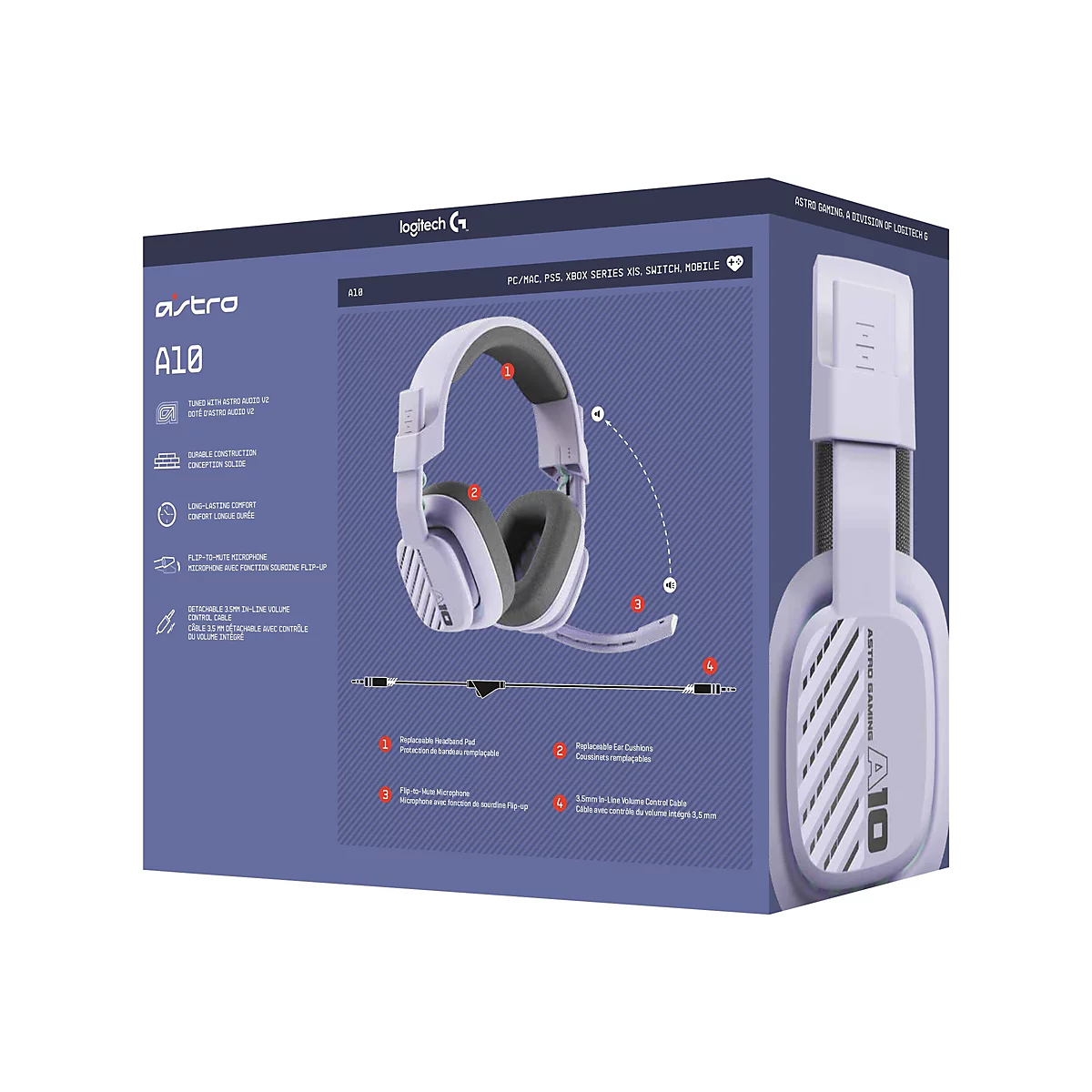 Ein weiß-violettes Astro A10 Gaming-Headset, das in seiner Verpackung abgebildet ist. Auf der Verpackung sind Funktionen und Spezifikationen aufgelistet.