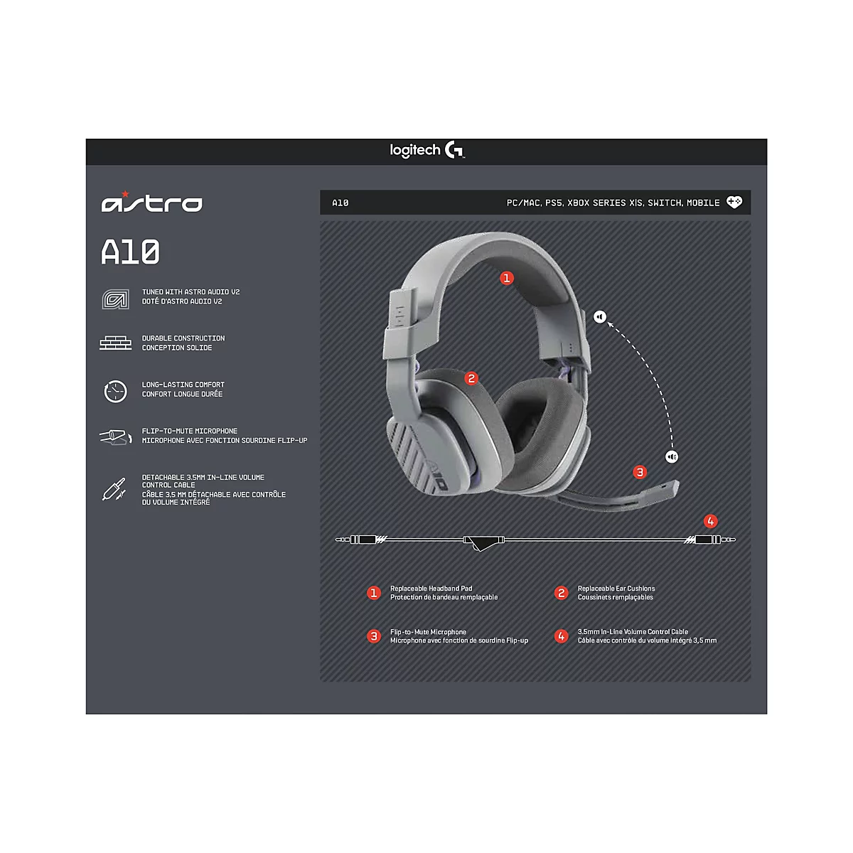 ASTRO Gaming A10 Gen 2 - Headset - ohrumschließend - kabelgebunden - 3,5 mm Stecker - Grau