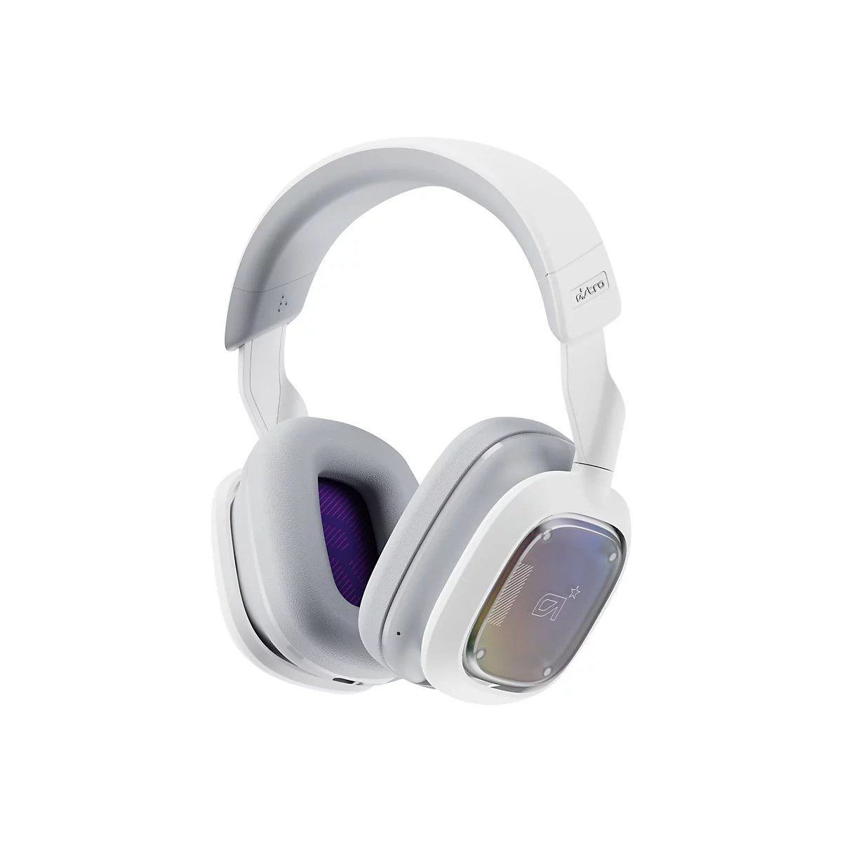 Casque de jeu blanc sur fond blanc. Coussinets d'oreille gris, doublure violette, oreillettes transparentes.