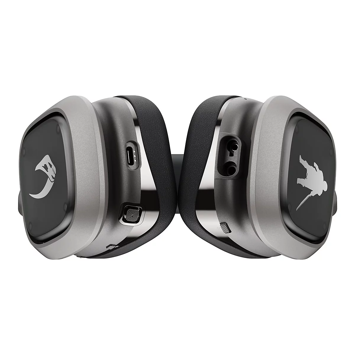 Draufsicht auf ein Gaming-Headset in Grau und Schwarz. Auf den Ohrmuscheln sind Logos abgebildet.